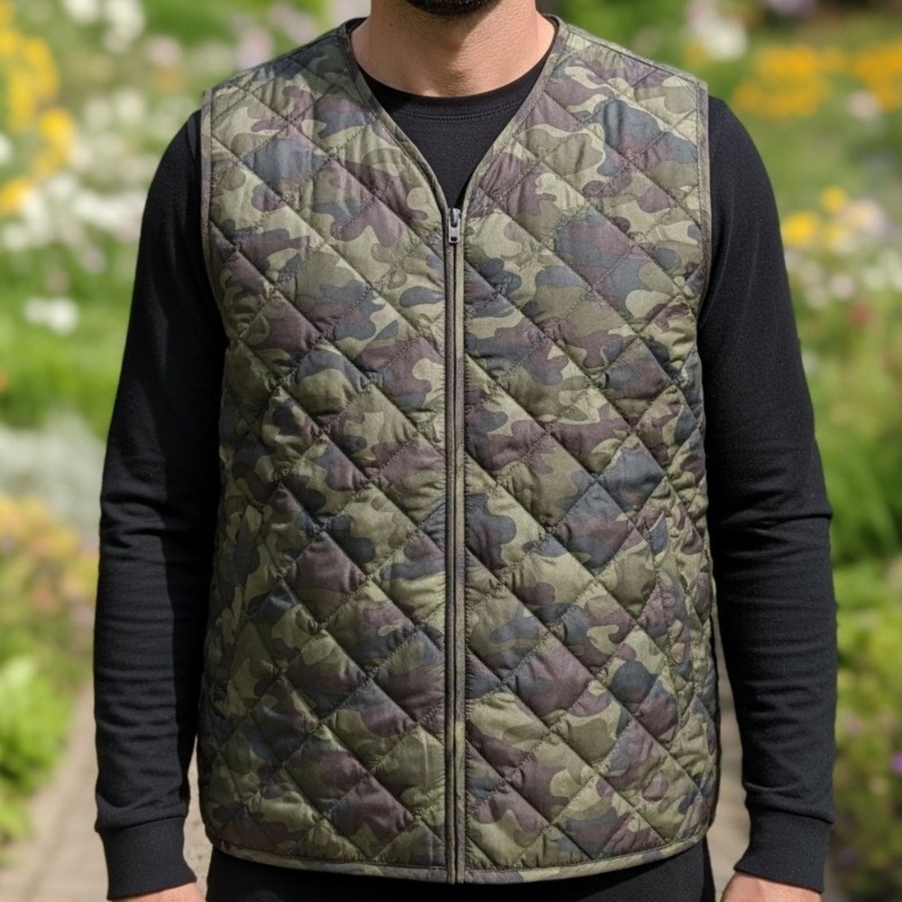 Tommy Hilfiger Mens Quilted Camouflage Full Zip Vest Olive Green Camo XL